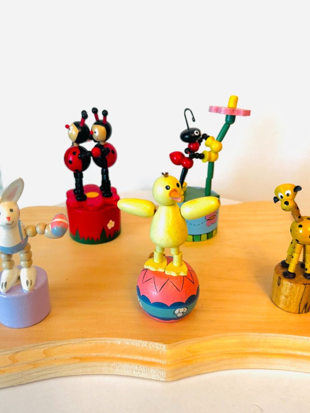 Set 5 Wooden Bunny Duck Lady Bug Ant Jirafe Push Up Collapsible Toy Easter Decor